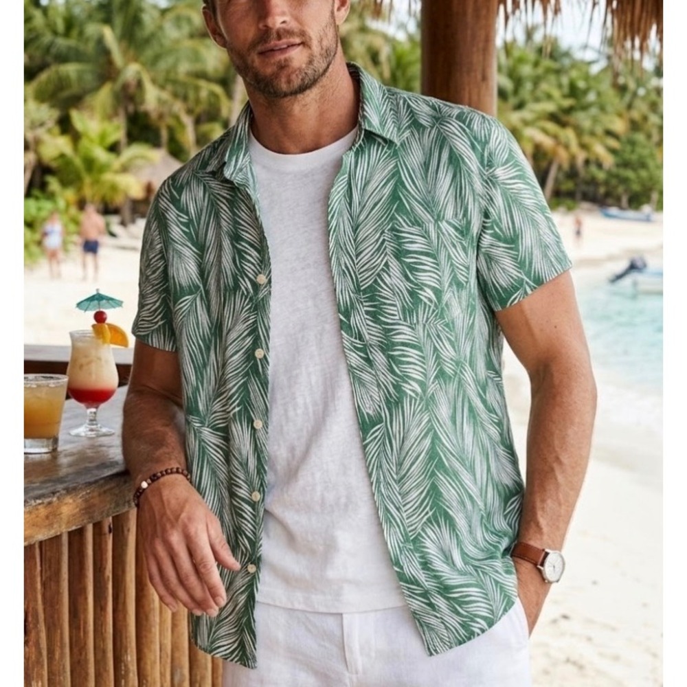J.Crew Mens Slim Fit‎ Short Sleeve Palm Button Down Shirt Green 100% Linen Small